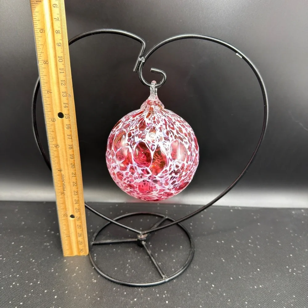 Hand Blown Glass Friendship Ball Ornament Pink‎ White Speckled Heart Stand VTG